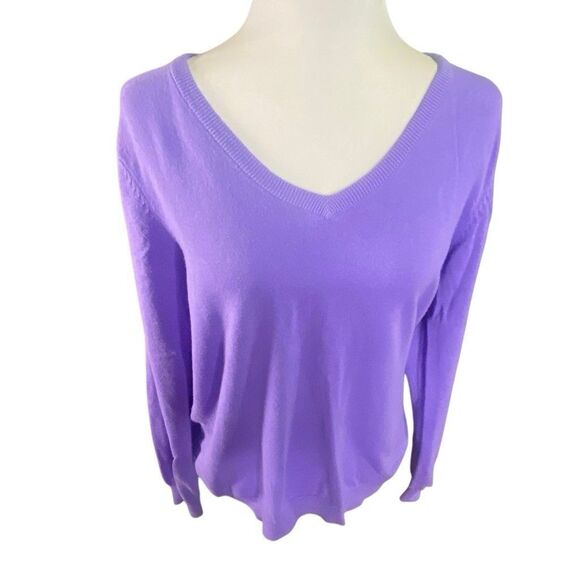 Women’s IZOD Golf Sweater Large Purple V Neck Preppy Long Sleeve Patch Elbows - Picture 3 of 8